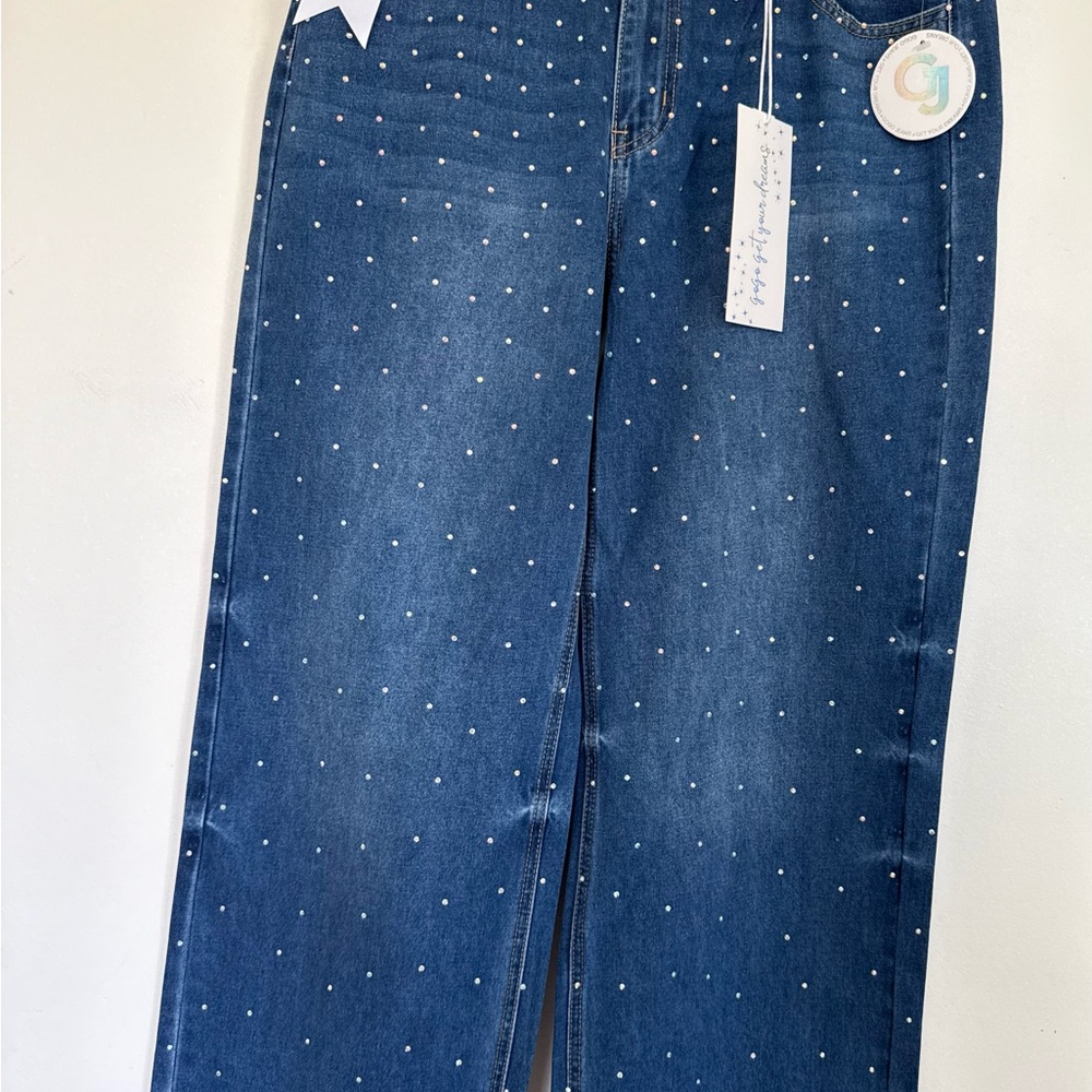 GOGO Dark Blue Rhinestone-Studded Wide Leg Juniors Jeans Sz 15| 32 x 30 NWT